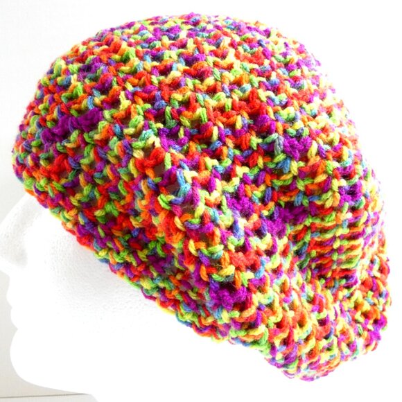 Rainbow Baggy Beanie Multicolor Hat OS Handmade Crochet Hand Knit Dreadlocks 9" - Picture 1 of 6